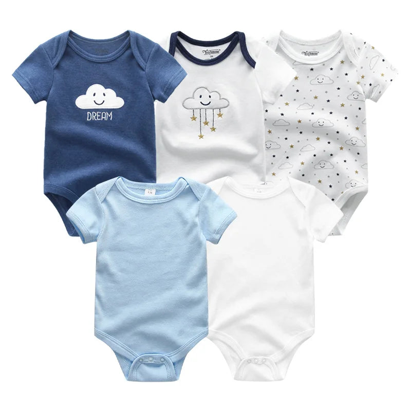 Newborn Bodysuits Unisex 5Pieces Baby Girl Clothes Solid Color Cotton Baby Boy Clothes Set Cartoon Print Summer Bebes