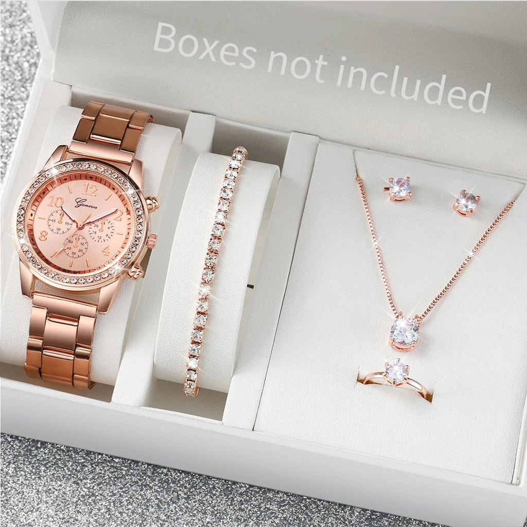 6PCS/Set Women's Watch Fashion Rhinestone Stainless Steel Band Quartz Watch Jewelry Set Reloj Mujer (Without Box)