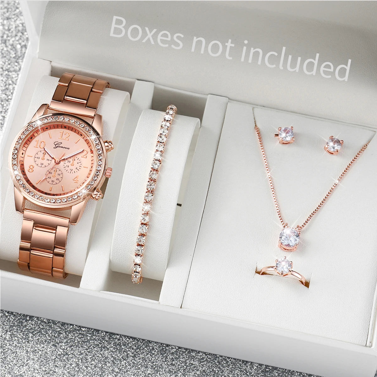 6PCS/Set Women's Watch Fashion Rhinestone Stainless Steel Band Quartz Watch Jewelry Set Reloj Mujer (Without Box)