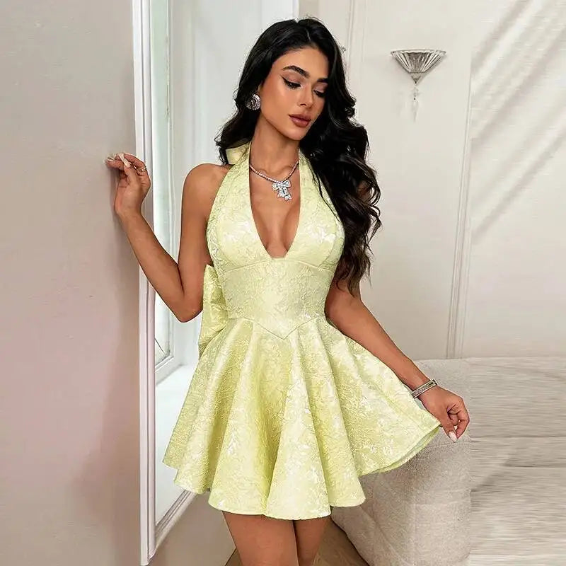 Giyu Club Evening Party Dresses Women 2025 Summer Sexy Bow Halter Long Dress Elegant Jacquard Lace Up Backless Birthday Robe