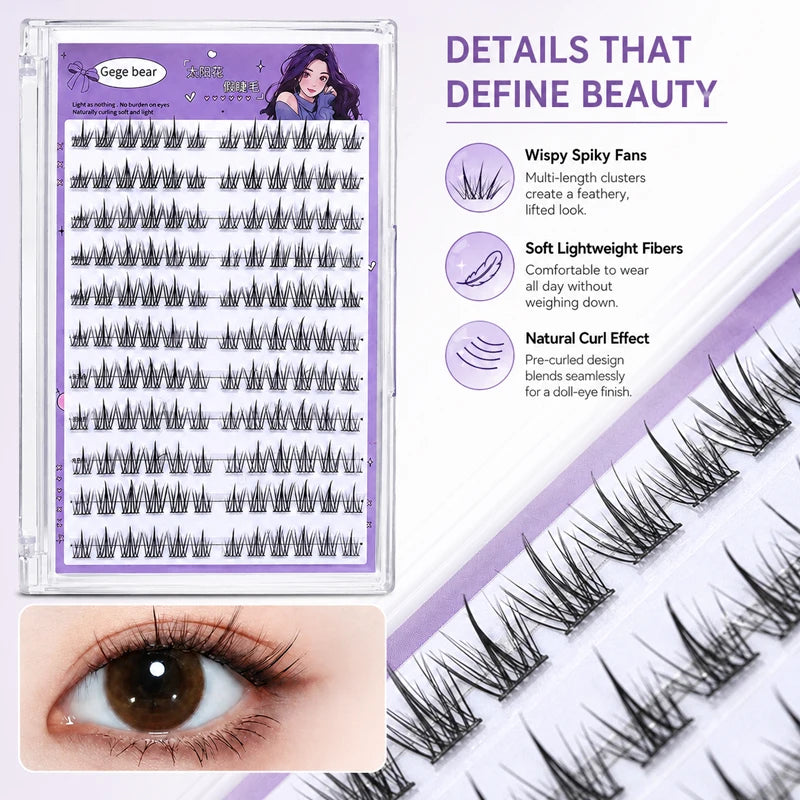 Gege Bear No Glue False Eyelashes Self Adhesive Lash Clusters Wispy Sunflower Style Natural Doll Eye Easy Apply Makeup