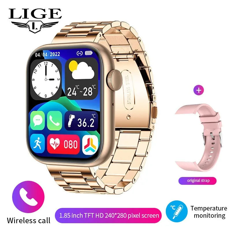 LIGE New Women Smart Watch 1.85 Full Touch Bluetooth Call Smart Wristwatch Body Temperature Watch Sports Bracelet Men Smartwatch