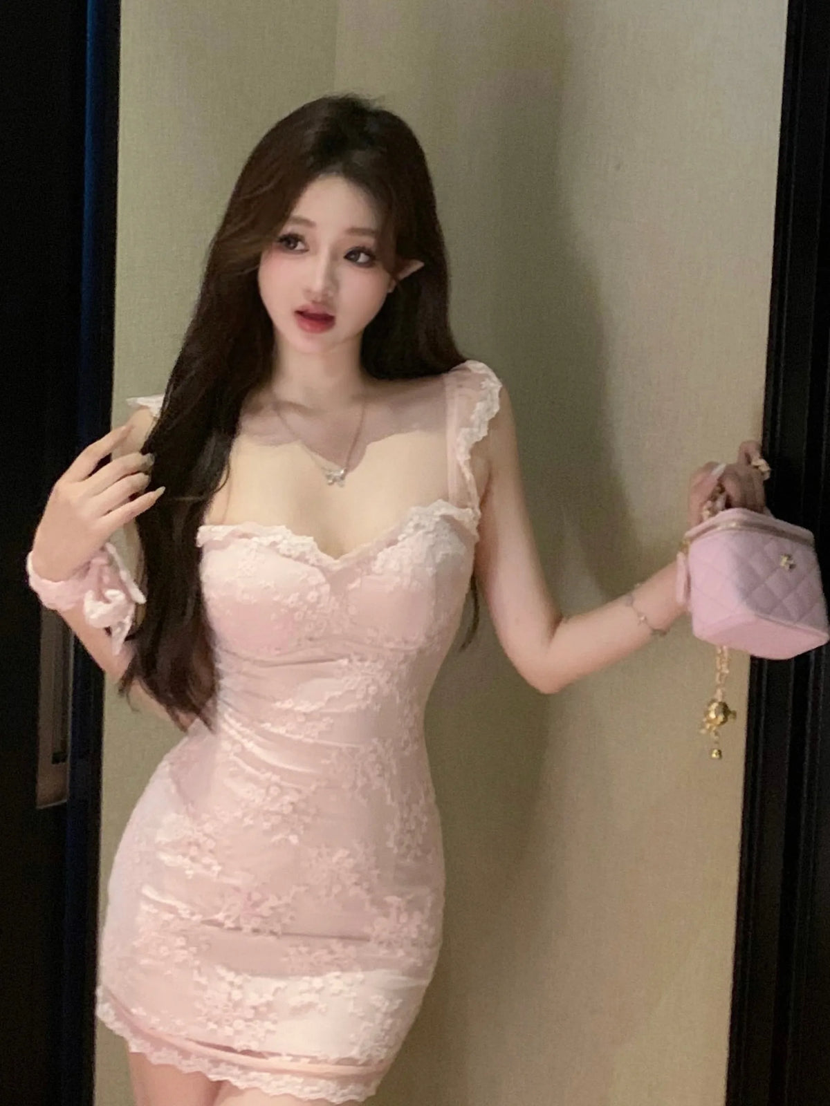 Sexy Lace Splice Short Sleeve  Dress Pure Desire Style Bodycon Dress Summer Season A-Line Skirt Gentle Style Single Piece