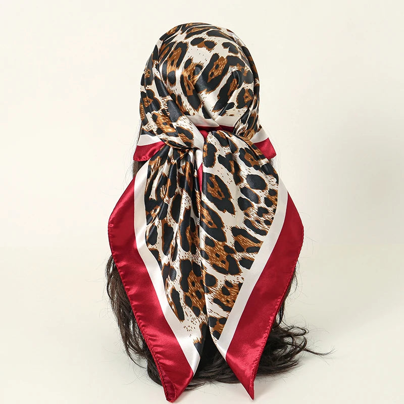 Leopard Square Silk Scarf Women Luxury Brand Satin Print Hijab Scarves Pareo Bandana Female Shawl Wrap Headband Foulard 90*90cm