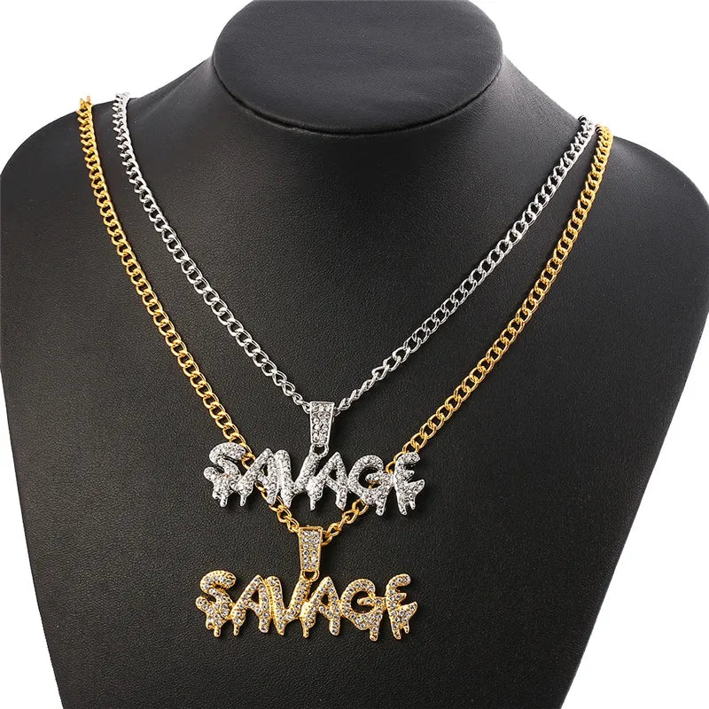 Bling Bling Savage Letter Necklace & Pendant Shiny Ice Out Link Chain Necklace With Tennis Chain Choker Hip Hop Jewelry for Men