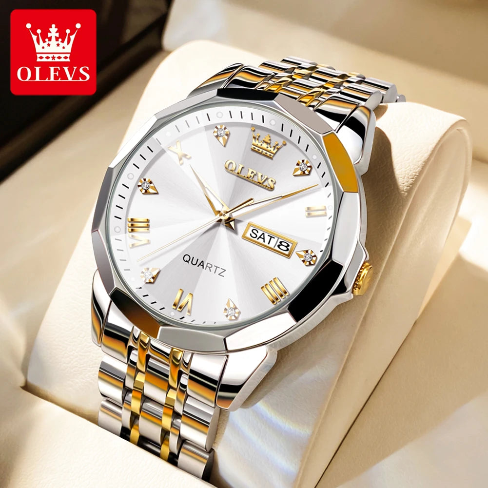 OLEVS Men's Watches Rhombus Mirror Original Quartz Watch for Man Waterproof Luminous Stainless Steel Wristwatch Male Date Week