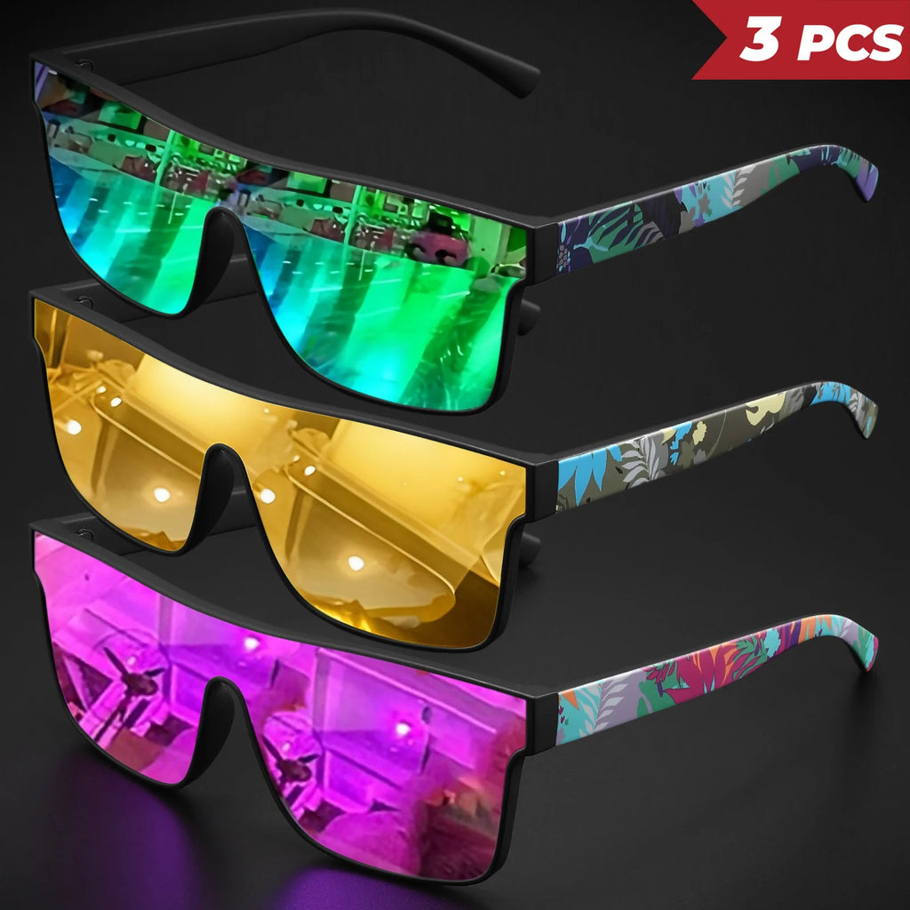 3PCS Colorful Sports Sunglasses - One-Piece Lens with Patterned Temples, UV400 Unisex for Cycling, Hiking & Beach