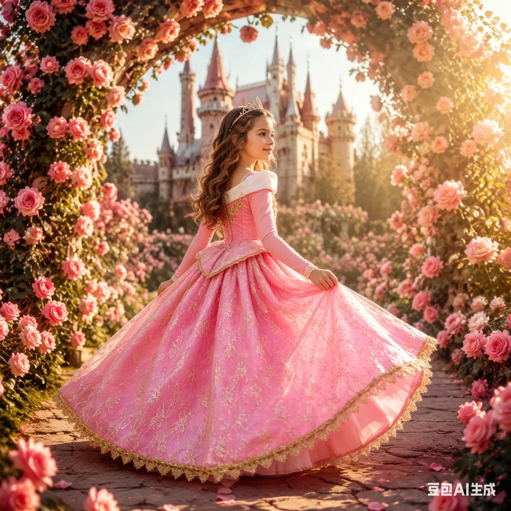 Sleeping Beauty Aurora Pink Gown Long Sleeve Princess Costume for Girls Carnival Birthday Party Cosplay Evening Dress 2-8Y