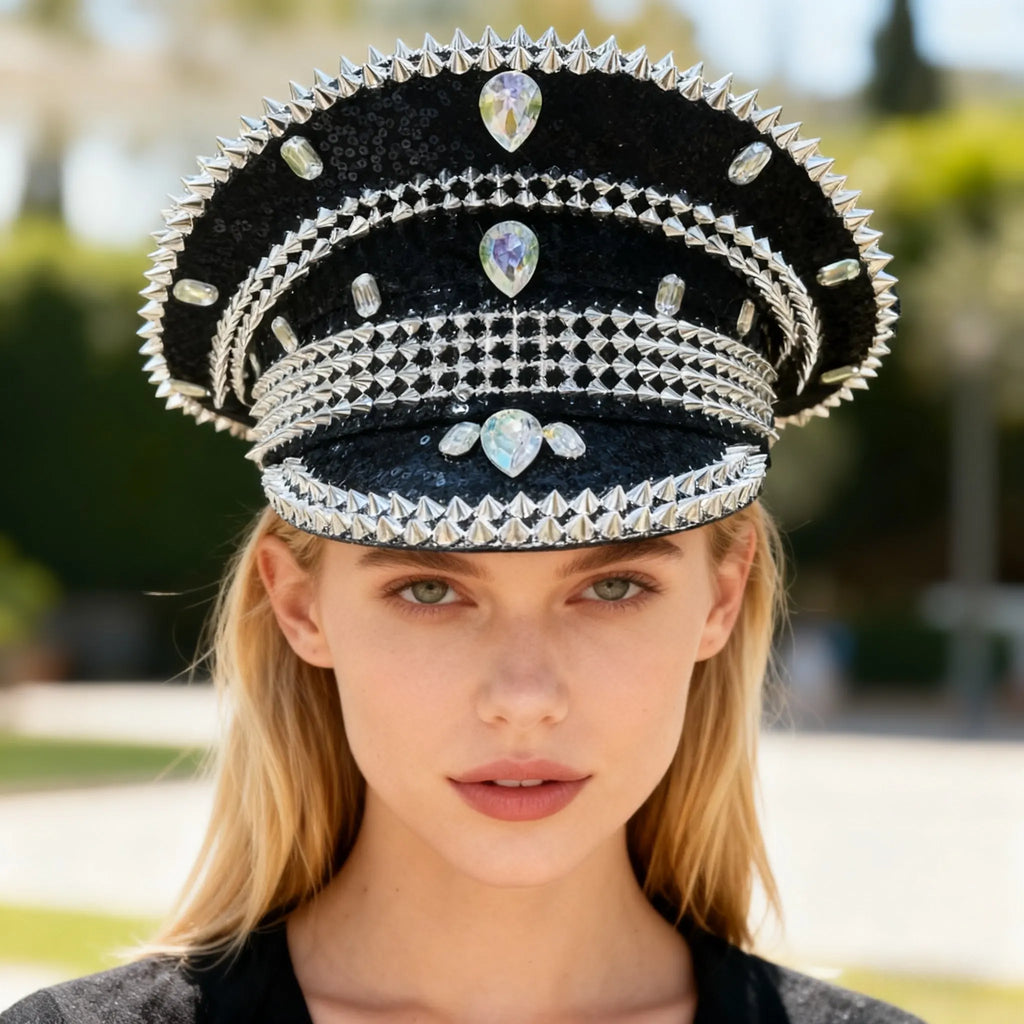 HongLuan Blue Steampunk Captain Hat Rhinestone for Burning Man Festival Woman, Vintage Military Accessories & Military Cap Man