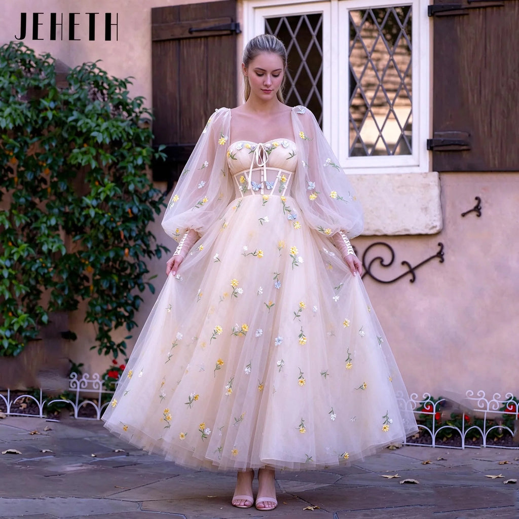 JEHETH Fairy Floral Print Prom Dress Sweetheart Long Puff Sleeves Embroidery Lace A-Line Champagne Evening Gowns Ankle Length