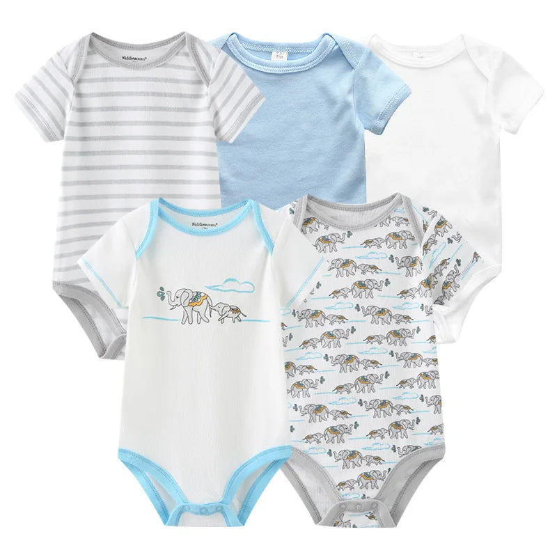Newborn Bodysuits Unisex 5Pieces Baby Girl Clothes Solid Color Cotton Baby Boy Clothes Set Cartoon Print Summer Bebes