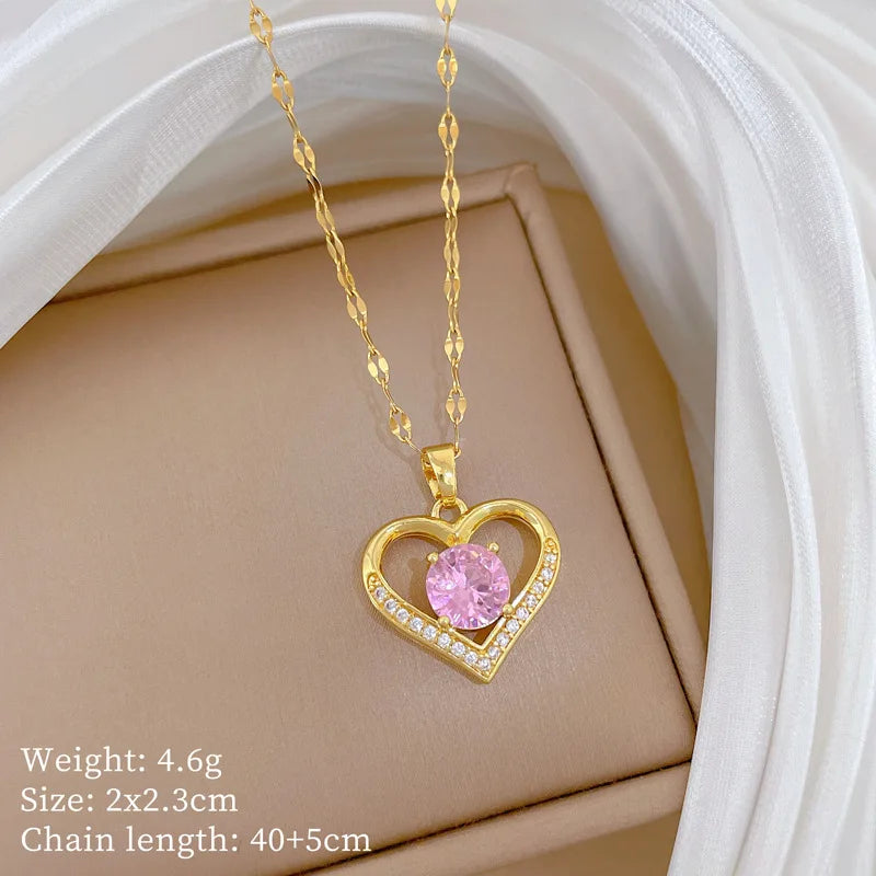 Trendy Heart Stainless Steel Zirconia Necklaces For Women Girls Love Gold Color Metal Necklace Party Birthday Daily Jewelry