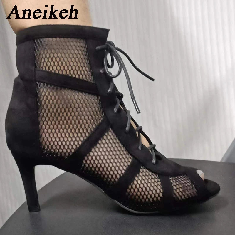 Aneikeh 7CM Middle Heel Dance Hollow Out Ankle Strap Sandal Boots 2025 Fashion Summer Lace Up Cross-tied Peep Toe Lady Shoes