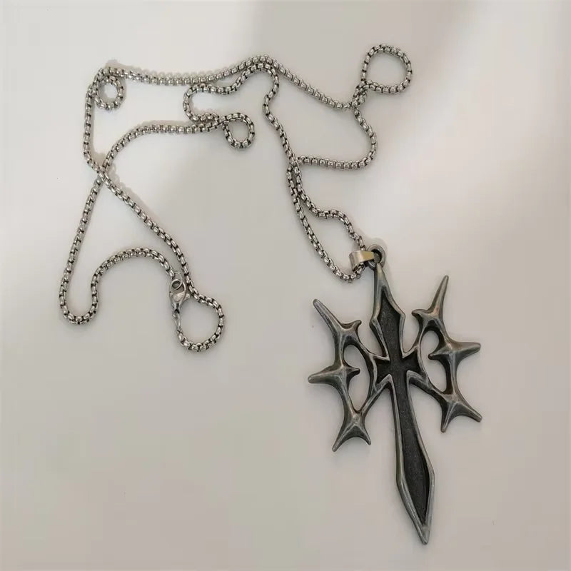 Vintage Cross Pendant Necklace Unisex Versatile Simple Long Sweater Chain Hip Hop Accessory