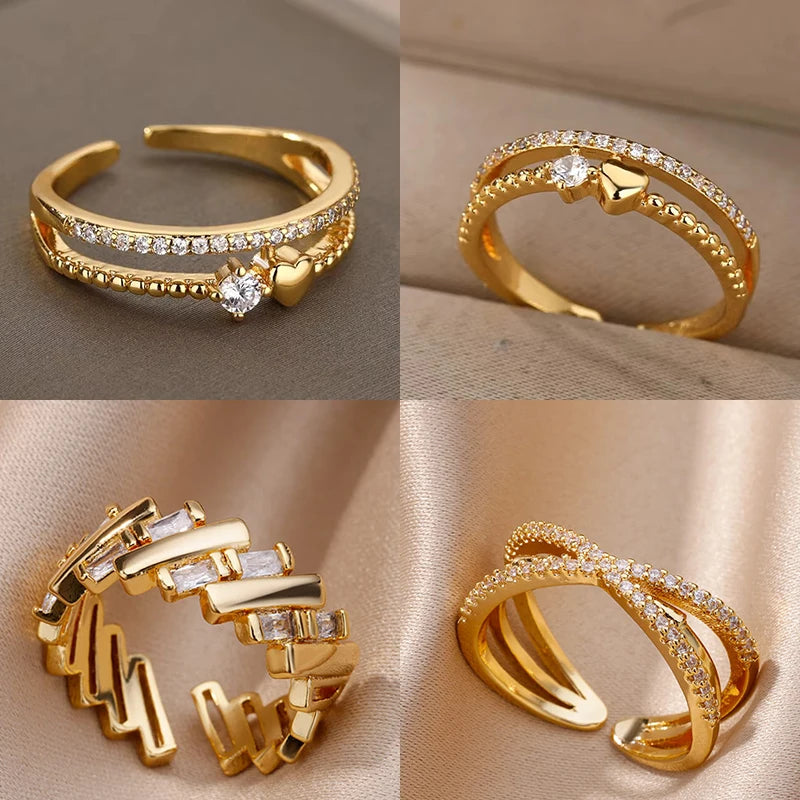 Zircon Heart Rings For Women Stainless Steel Gold Color  Double Heart Ring Wedding Engagement Jewelry Accessories Gift Bijoux