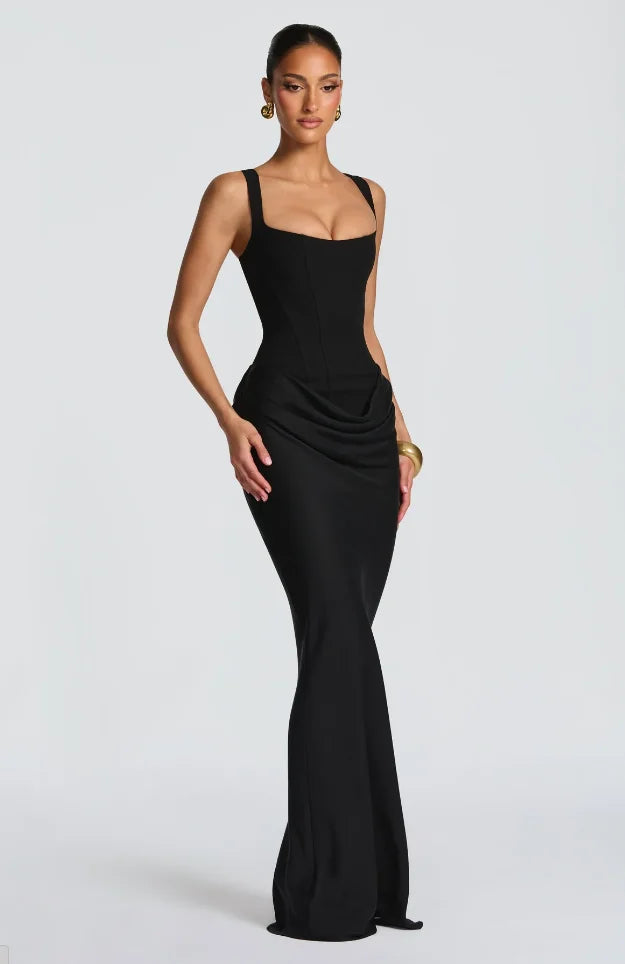 Brown Pleated Sling Maxi Dress Women Chic Square Neck Sleeveless Off-shoulder Waist Cinching Robes 2026 Lady Evening Party Gowns