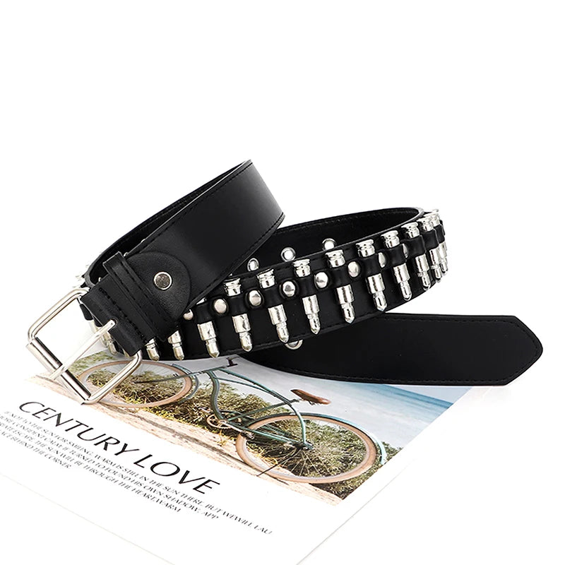 Z. Rivet Hollow Bullet Decoration Belt Fashion Leather Studded Goth Rock Wild Adjustable Women Punk Black Belt