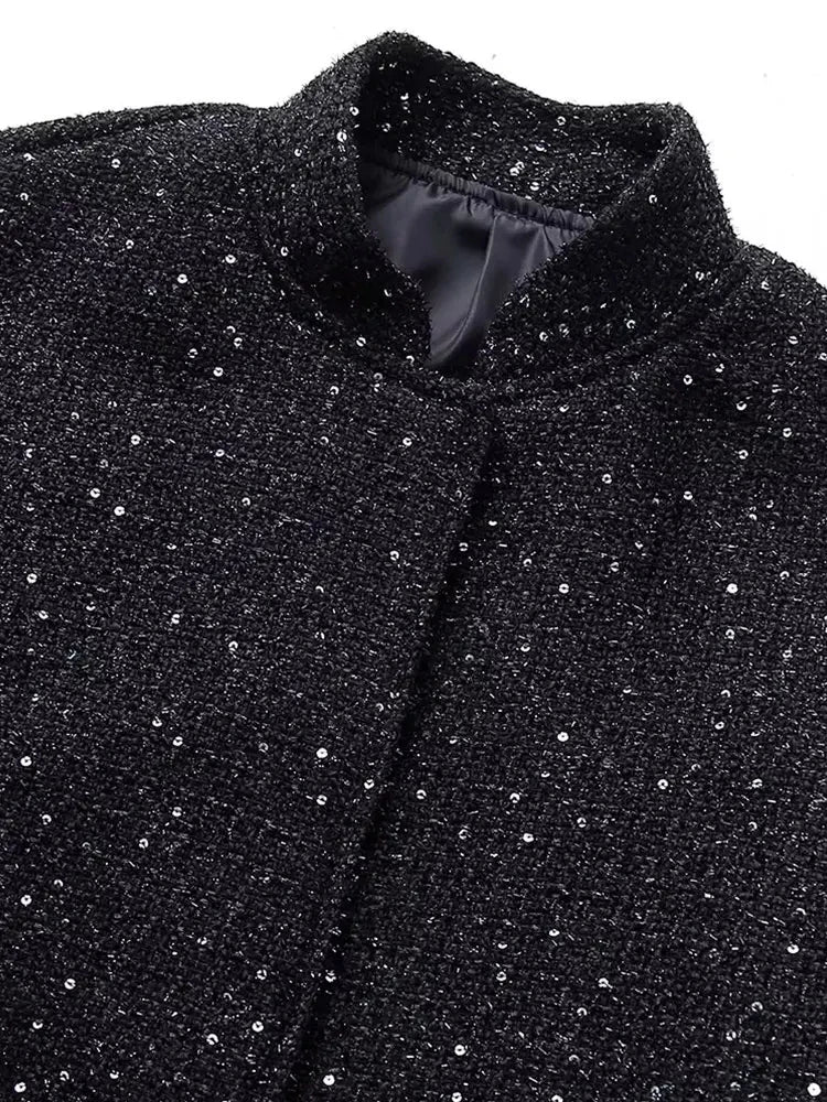 Women Shiny Sequin Jacket Y2k Gold Color Stand Collar Long Sleeve Short Coat Autumn Winter Ladies High Streetwear