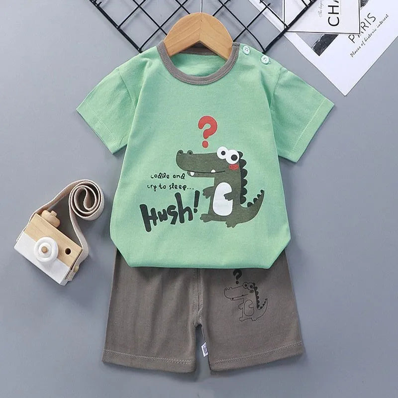 1-6 Y Kids Cartoon Excavator Striped T-Shirt+Shorts 2-Piece Set Cotton Pajama Baby Boys Girls Summer Casual Tracksuit Clothes Su