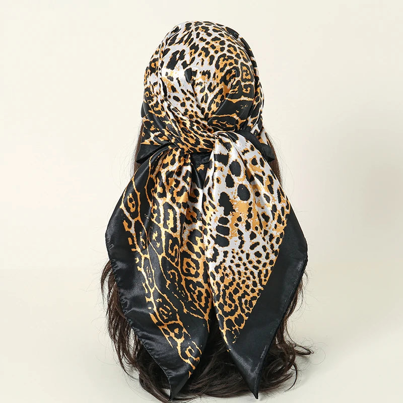 Leopard Square Silk Scarf Women Luxury Brand Satin Print Hijab Scarves Pareo Bandana Female Shawl Wrap Headband Foulard 90*90cm