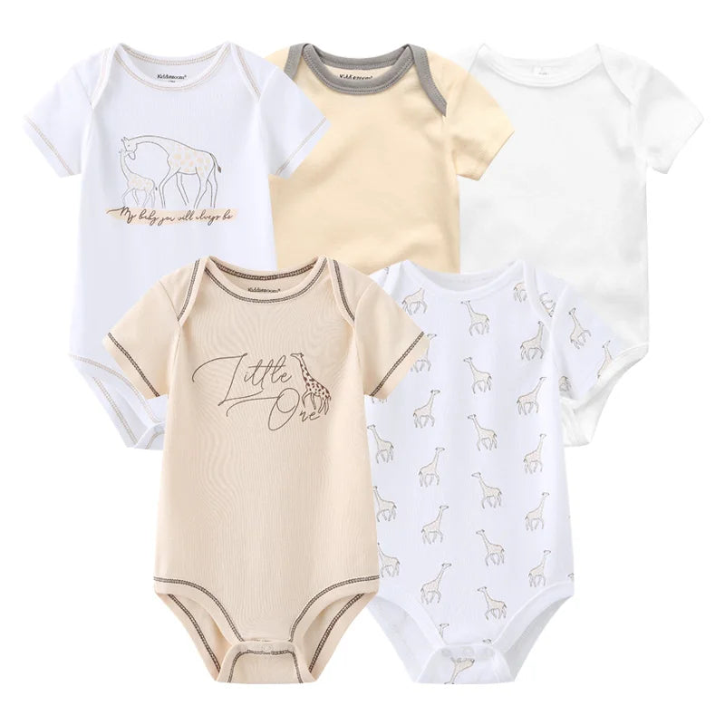 Newborn Bodysuits Unisex 5Pieces Baby Girl Clothes Solid Color Cotton Baby Boy Clothes Set Cartoon Print Summer Bebes
