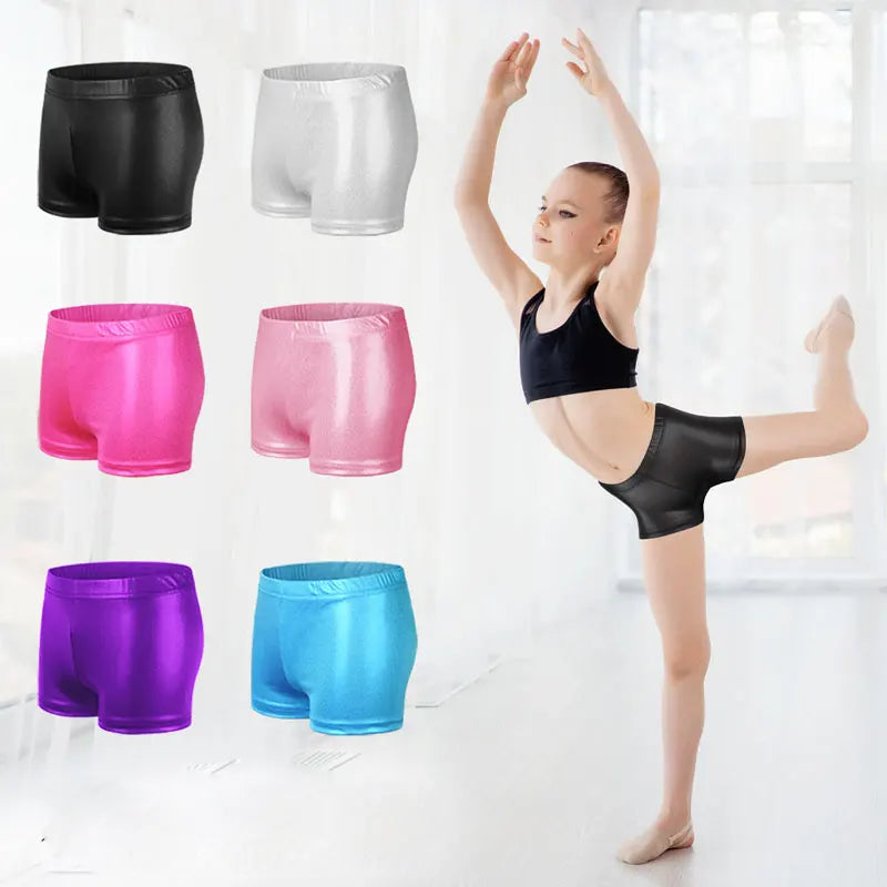 Dance Shorts for Girls Kids Bronzing Metallic Pants Elastic Children Glossy Gymnastic Dancewear Blank Solid Sports Shiny Glitter