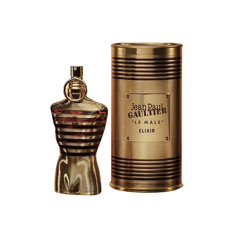 Jean Paul Gaultier Le Male Elixir EDP 75ML Perfume For Men Warm Vanilla Cardamom Woody Aroma Long Lasting Shiny Gold Metallic Striped Body Bottle With Gold Ring Cap Complete Gold Tin Box Dating Anniversary Present