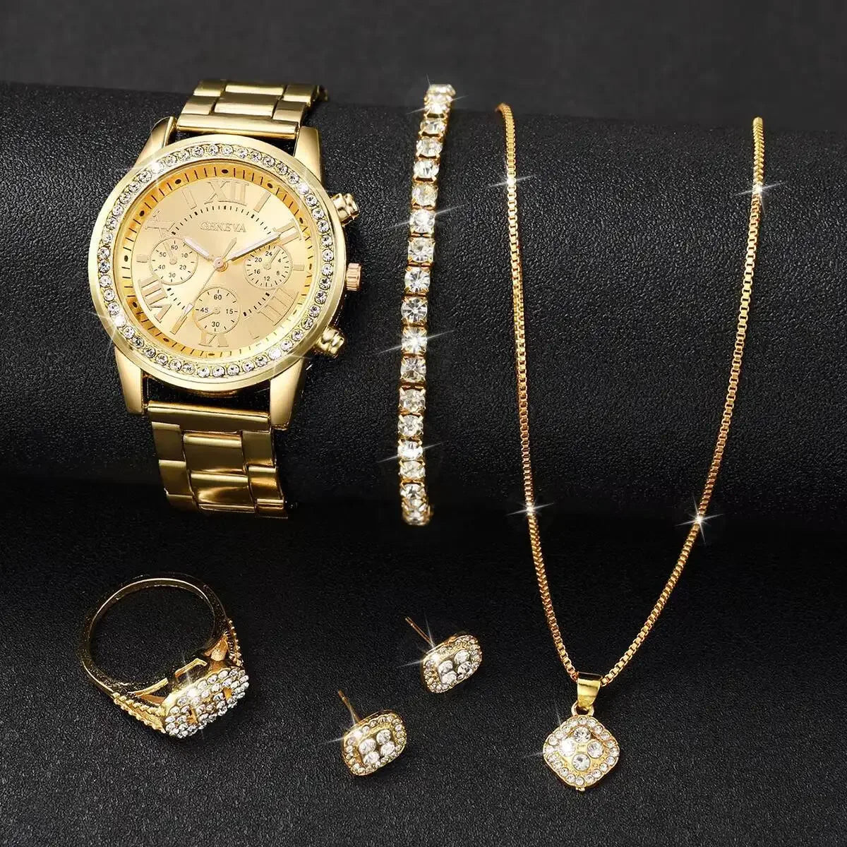 6PCS/Set Fashion Rhinestone Women Watches Ladies Roma Dial Quartz Wristwatches Jewelry Set Reloj Mujer（Without Box）