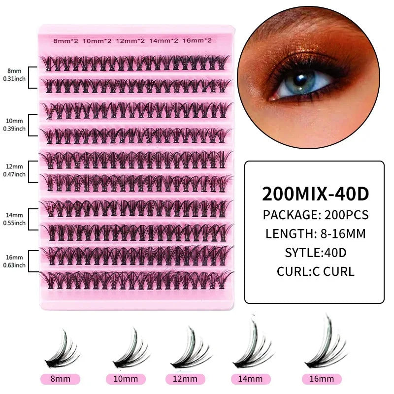 MIAOJIE 200pcs 30D Cluster False Eyelashes Set, DIY Eyelash Extensions, 0.05mm Thickness, D Curl, Mixed Lengths 8-16mm