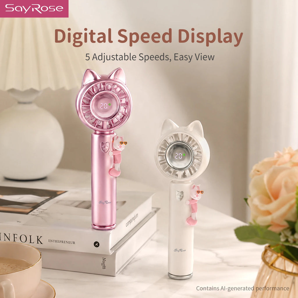 SayRose FS-53 Cute Pet Handheld Fan Ice Compress Cooling 5 Speed Mini Portable Rechargeable Fan Lightweight Hand Fan Birthday Gift For Girls
