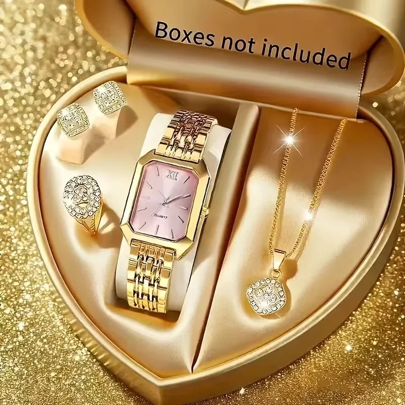 5PCS Elegant Rectangle Rhinestone Quartz Watch Jewelry Set Fashion Women Watches Reloj Mujer Girl Clock Gift（Without Box）