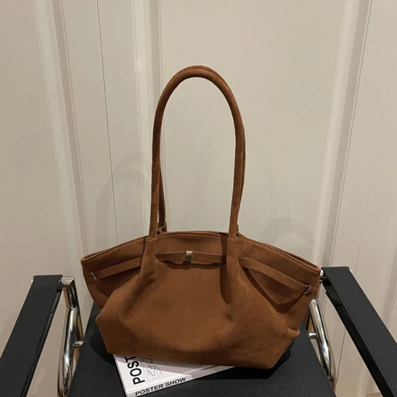 Vintage Suede Shoulder Bag for Women, Minimalist Large Capacity Tote Bag, Elegant Retro Shoulder Purse for Daily Dating Travel