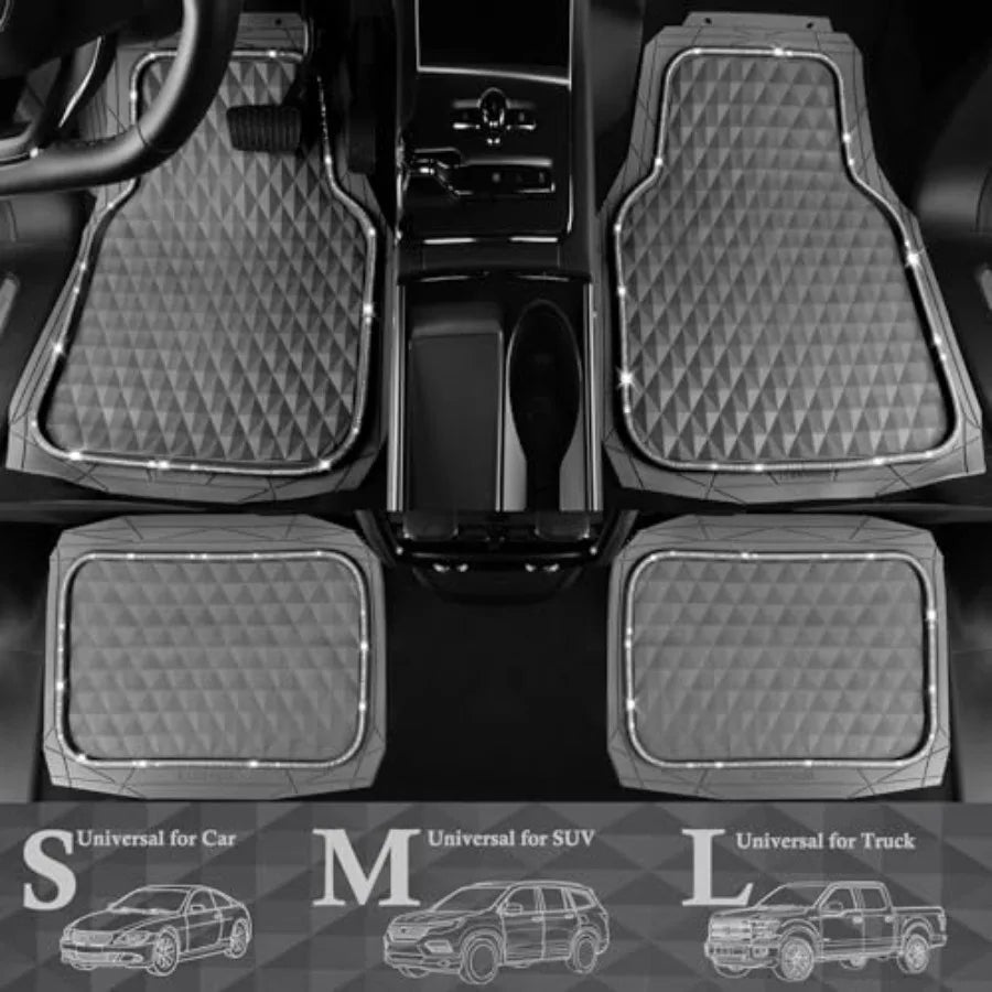 Bling Diamond Rubber Car Mats for All-Weather Use, Gray Heavy Duty Deep Dish 3D Rhombus Waterproof Anti-Slip Floor Mat Set with