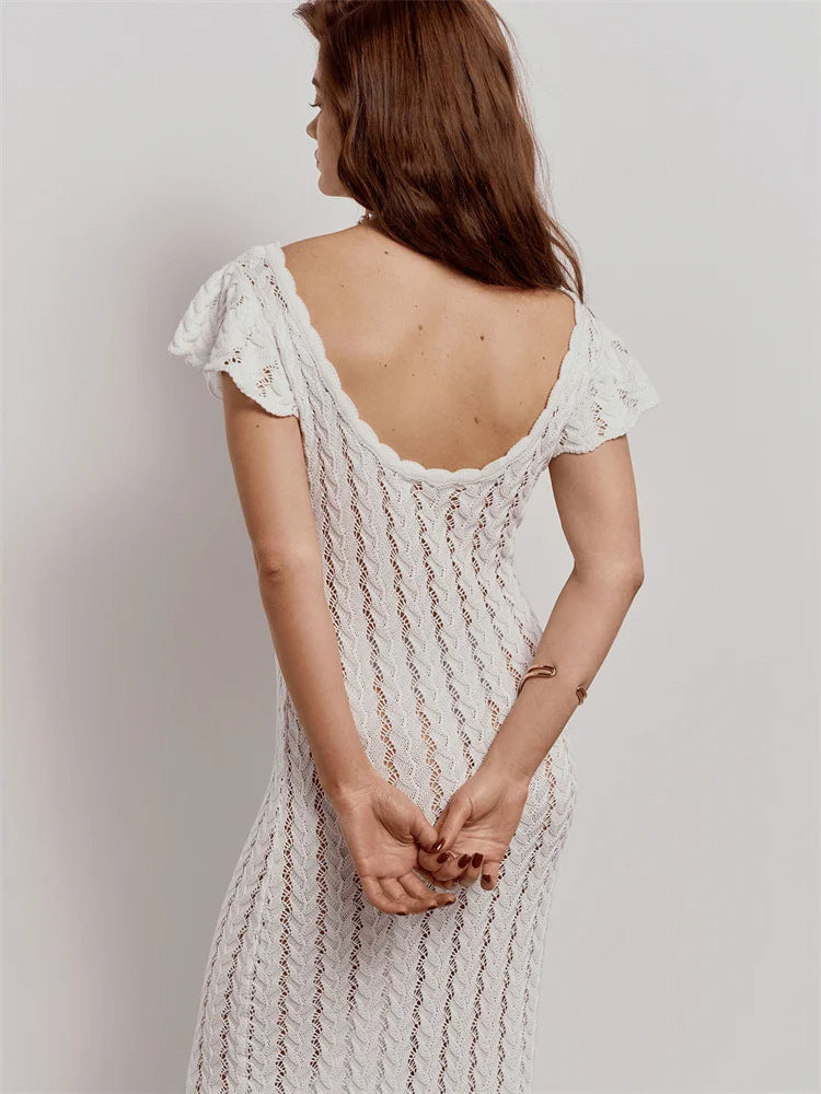 Tossy Ruffled Hollow Out Knit Long Dress Women V-Neck Fashion Patchwork See-Through Beach Holiday Dress Knitwear Female Dress