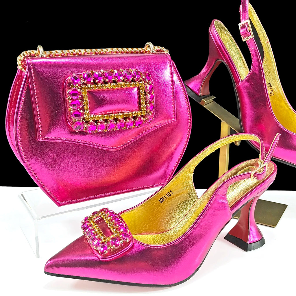 QSGFC Italian Design Rhinestone-encrusted Ladies Party Shoes And Special Bag Women High Heels Wedding Dual Purpose Bag