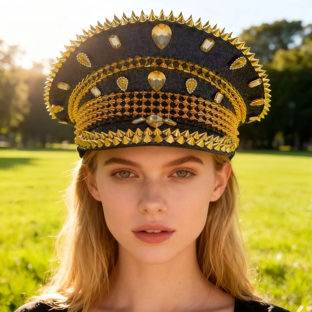 HongLuan Blue Steampunk Captain Hat Rhinestone for Burning Man Festival Woman, Vintage Military Accessories & Military Cap Man