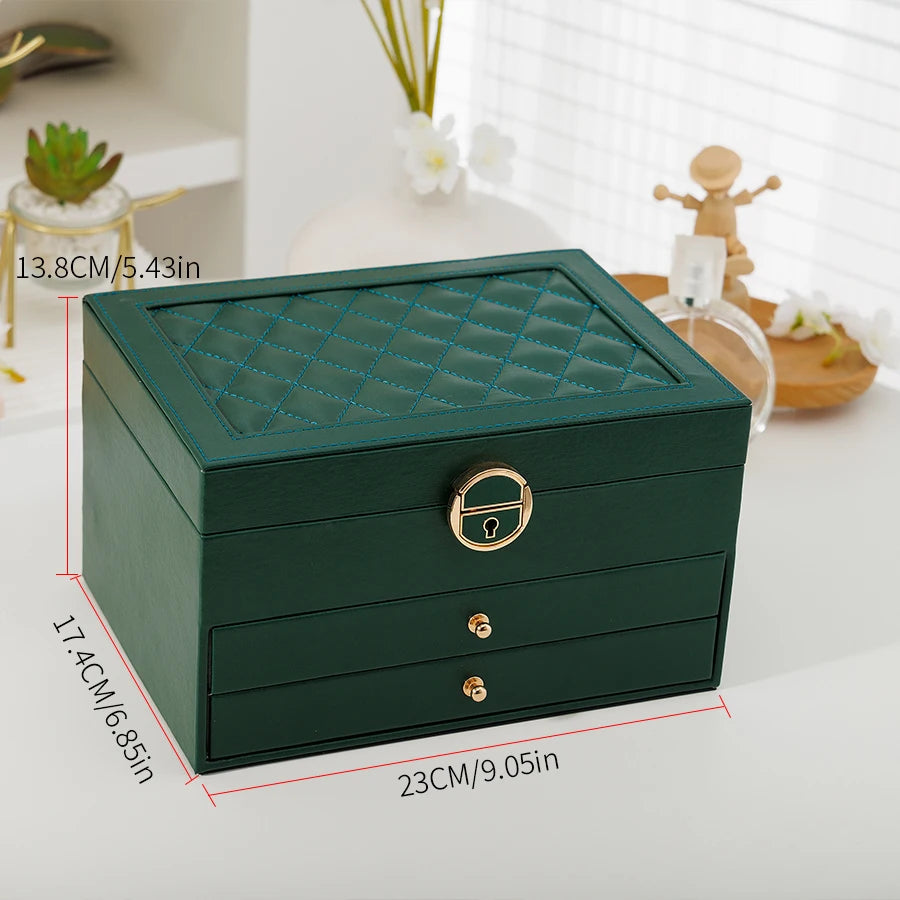 1PC, Rhomboid Round Lock Three-Layer Leather Jewelry Storage Box with Lock