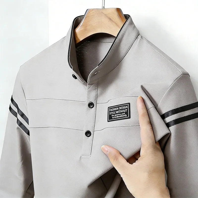 Men's Casual Slim Fit Polo Shirt Long Sleeve Stand Collar Contrast Striped Cotton Blend Tops for Daily & Business Wear