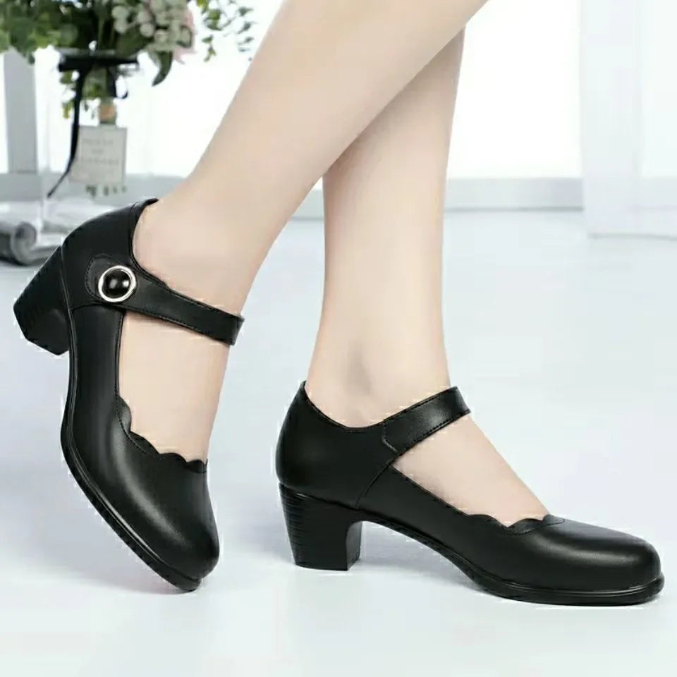 Women Fashion Black Pu Leather Office Square Heel Pumps Lady Casual Sweet Light Weight Comfort Spring Summer Heel Shoes H1173