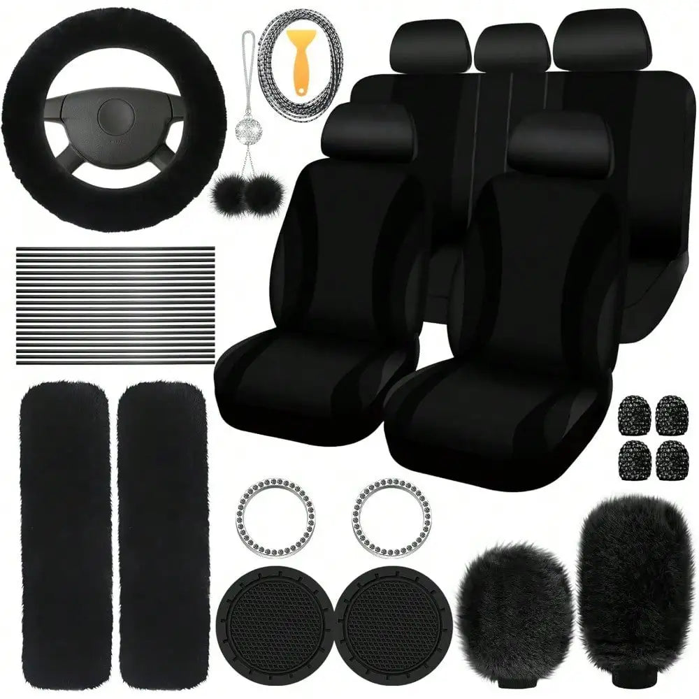 35-Piece Car Seat Cover Set With Steering Wheel Cover, Cup Holder Coasters, Shoulder Pads, And Accessories - Polyester Fabric Interior Decor Kit Without Filler,Purple