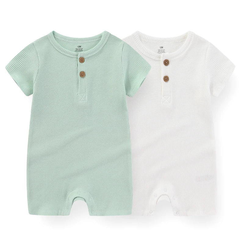 Cotton New Born Baby Boy Clothes 2 Pieces Short Sleeves Baby Girl Clothes 0-24M Waffle Print Infant Rompers Cartoon Bebes
