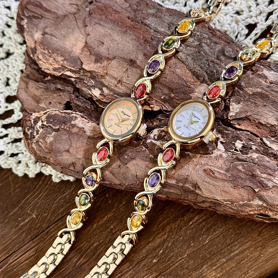 Elegant Lady's Retro round Color Gem Rainbow Quartz Watch with Chain Scale French Luxury Fashionable Ladies' Timepiece
