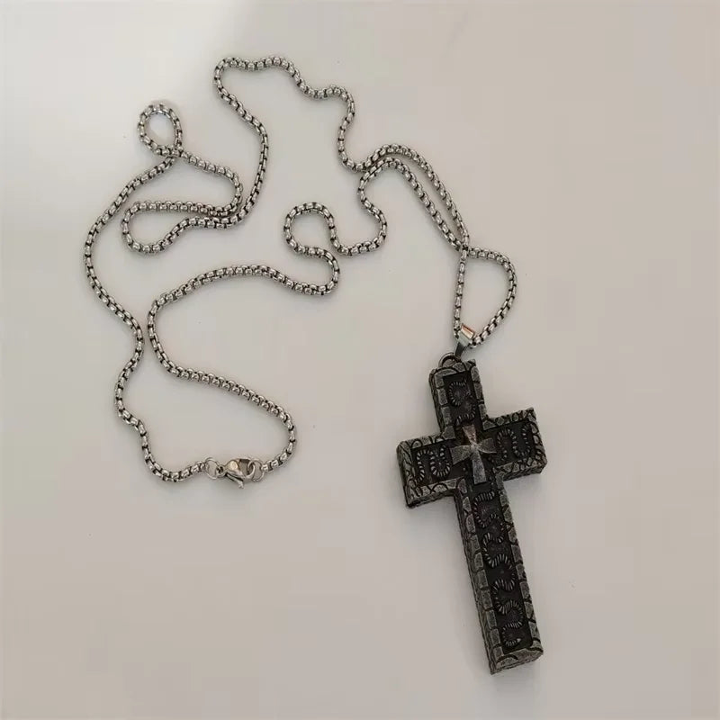 Vintage Cross Pendant Necklace Unisex Versatile Simple Long Sweater Chain Hip Hop Accessory