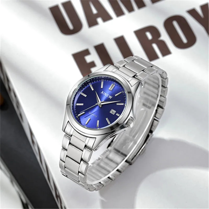Genuine XINEW Brand Men Watches Students Fashion Casual Full Stainless Steel Band Simple Date Quartz Wrist Vintage Watch Silver