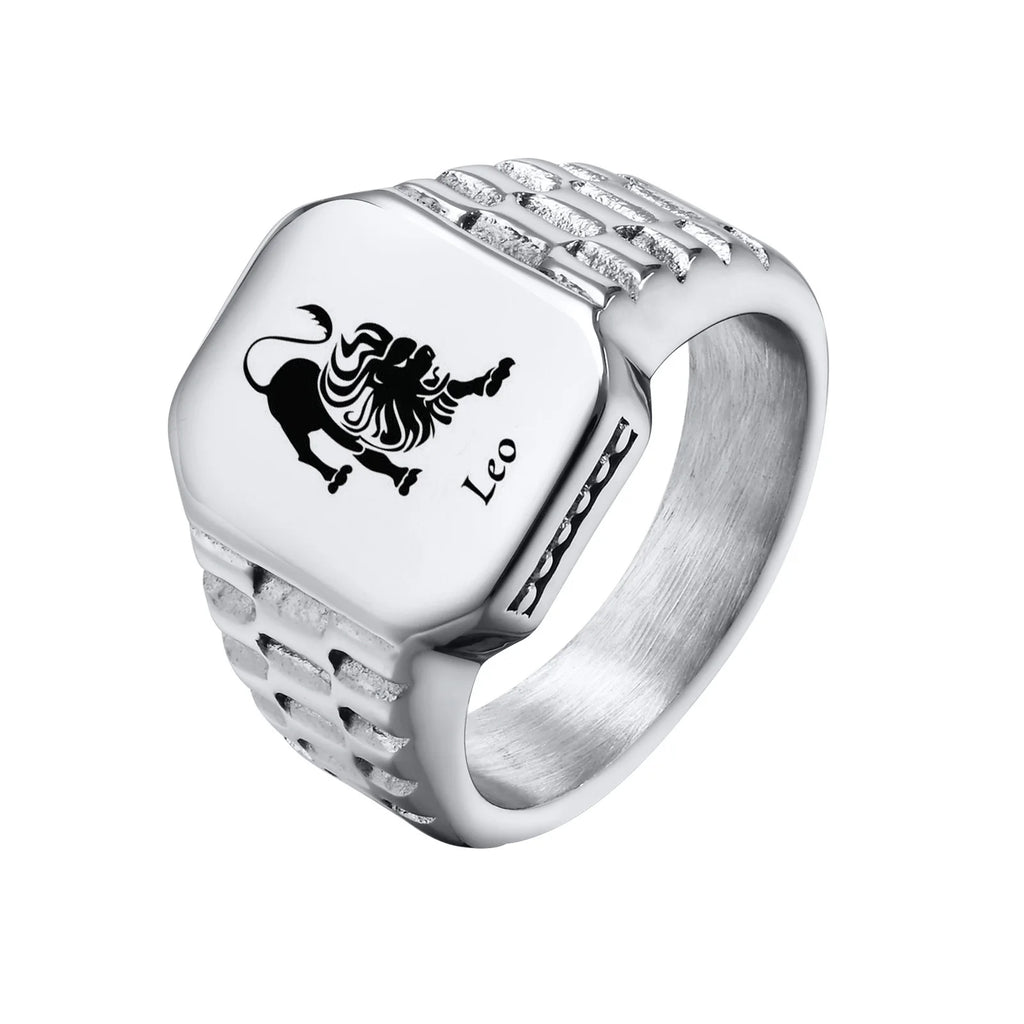 Free Custom 12 Zodiac Signet Rings for Men,Personalized Stainless Steel Finger Birthday Gift to Dad Father Husband Son