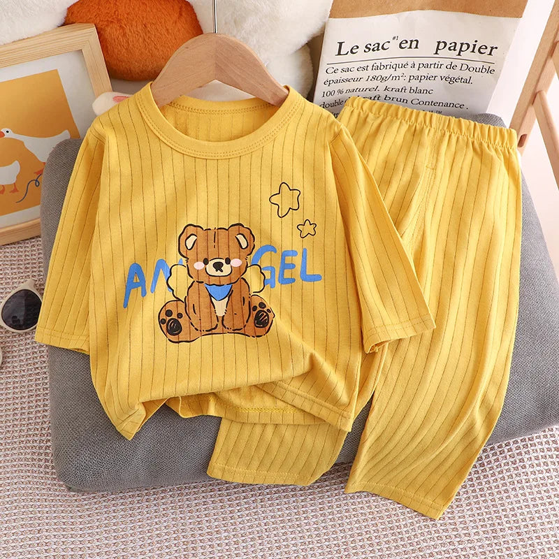 Cute Bear Print Baby Clothing Set Children Long Sleeve+ Pants Two Pieces Suit Kids Cotton Pullover Top Tee Girl Boy Casual
