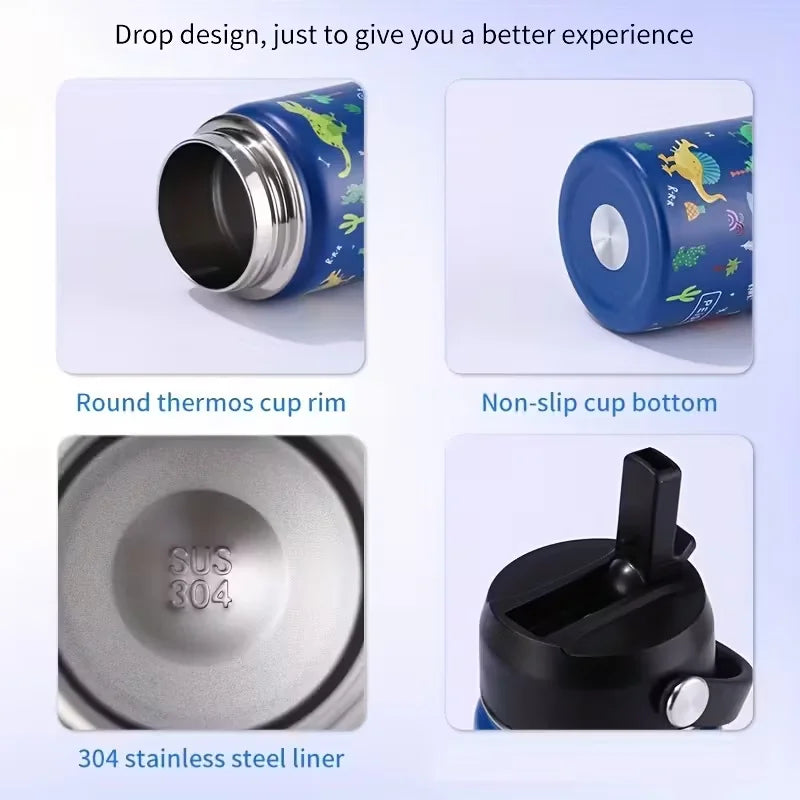 16oz Kids Water Bottle Cartoon Animal Children's Cup With Straw Stainless Steel Vacuum Flacks Thermos Bottle Thermal Mug Cups