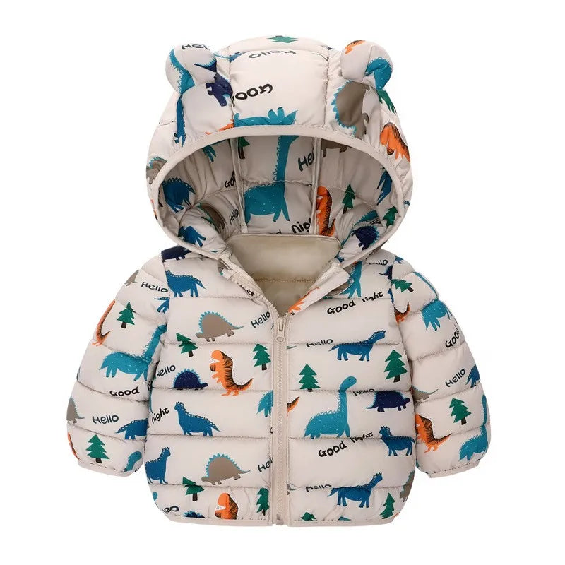 1-5 Years Baby Boy Hooded Lightweight Down Jacket Kids Girl Cartoon Dinosaur Zipper Coats Autumn Winter Warm Christmas Outerwear