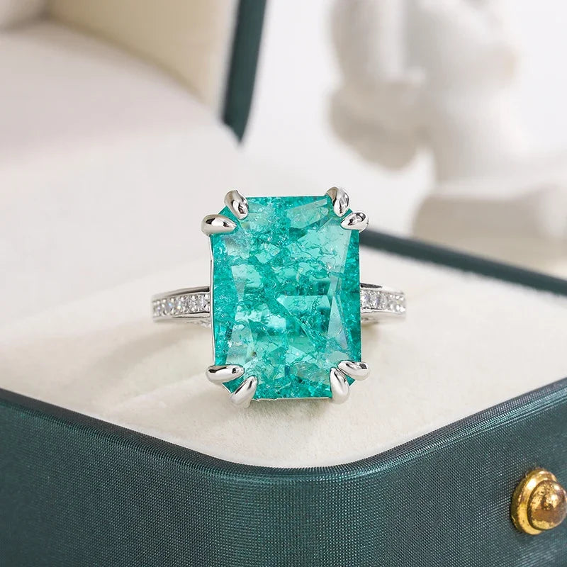 925 Silver Plated Exquisite Blue Green Moissanite Ring Fire Sparkling Luxury Open Ring Female Party Birthday Jewelry Gift