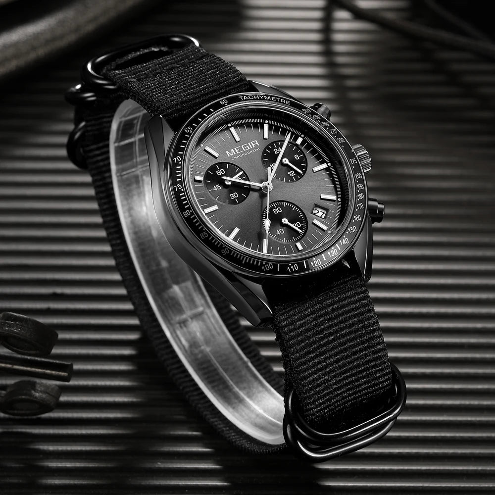 MEGIR New Luxury Men's Watches Canvas Weaving Strap Sport Automatic Chronograph Quartz Waterproof Wristwatch for Male 2247
